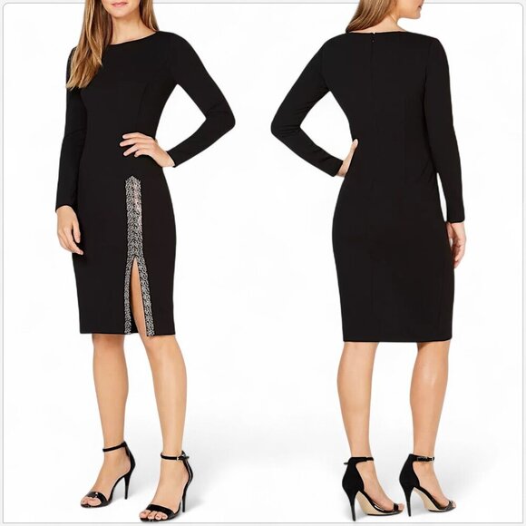 Calvin Klein Black Embellished Slit Rhinestone Long Sleeve Crepe Sheath Dress 4 - Picture 1 of 6